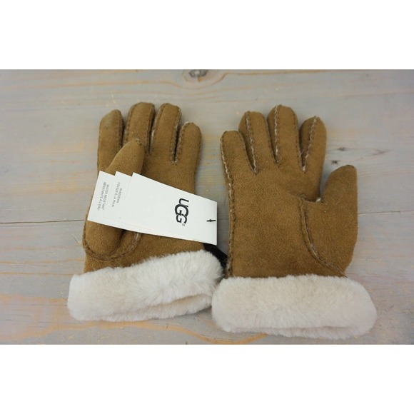 UGG CARTER SINGLE POINT CHESTNUT SUEDE SHEEPSKIN GLOVES WOMENS SMALL NWT - Picture 2 of 12